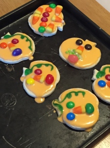 Every year I bake pumpkin cookies. It's a tradition in out family. My grandmother made these cookies every year. Always with M&M eyes, a candy corn nose, and a jelly bean mouth.